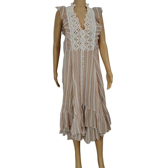 FP One Boho Brown White Flowy Caraway Stripe Sheer Uneven hem Long Dress Size L - Picture 1 of 11
